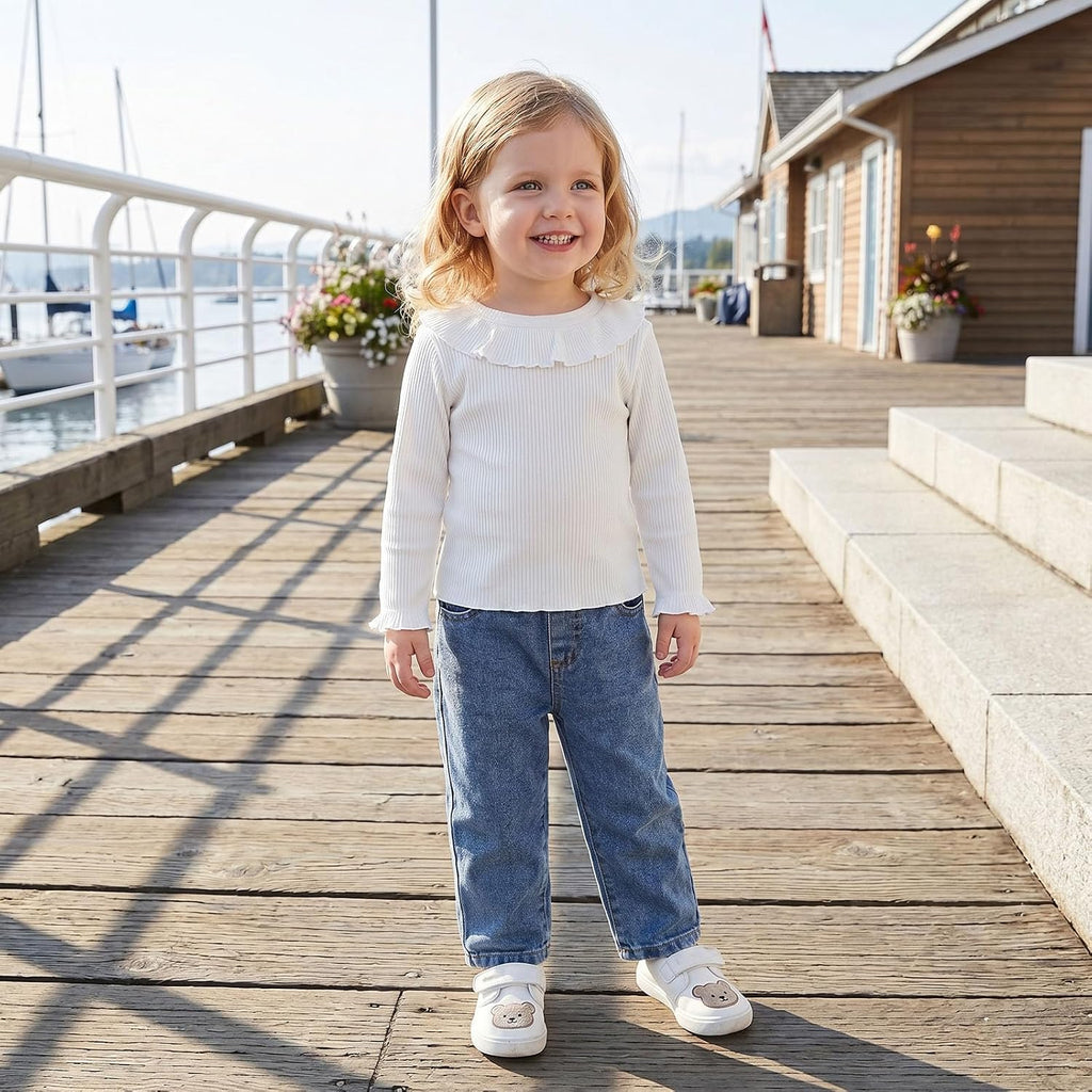 Baby Girl Fall Clothes Toddler Outfit Ruffle Ribbed Long Sleeve Shirt and Jeans Denim Pants Set 2 Piece Clothing