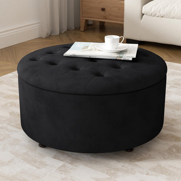 30 Inch Round Storage Ottoman, Modern Tufted Ottomans, Circular Coffee Table with Removable Top, Upholstered Large