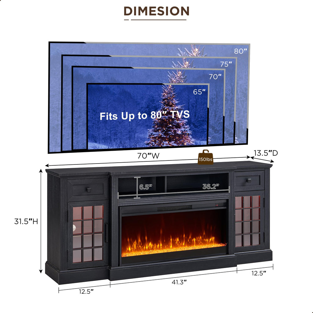 For 80 Inch TV, Farmhouse Highboy Entertainment Center w/LED Lights & 36" Electric Fireplace, Large Media Console