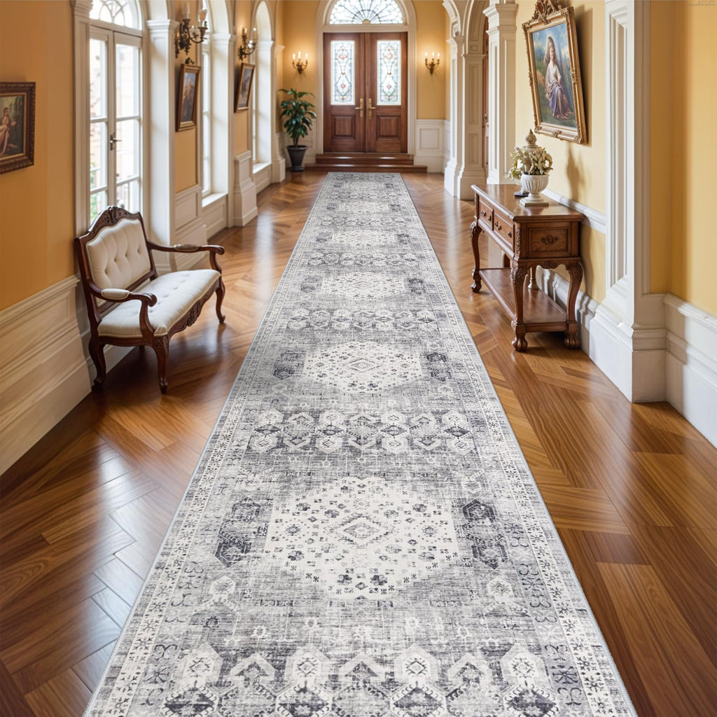 Washable Runner Rug - Extra Long Vintage Hallway Rugs with Non Slip Backing Soft Stain Resistant Carpet Bedroom