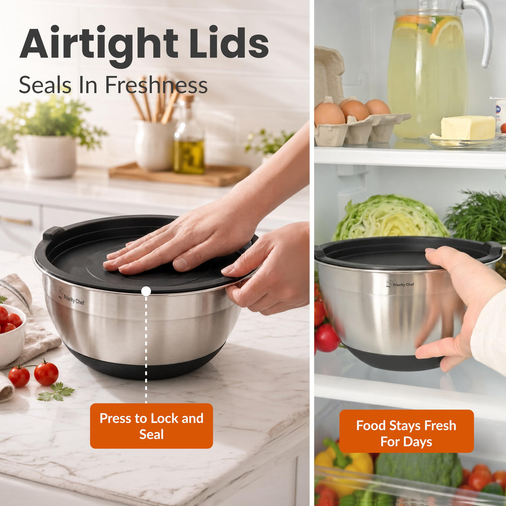 6Pc Stainless Steel Mixing Bowls with Lids Set, Huge 7 Qrt Size Metal Bowl Set, 3 Graters, Non-Slip Bases & Silicone