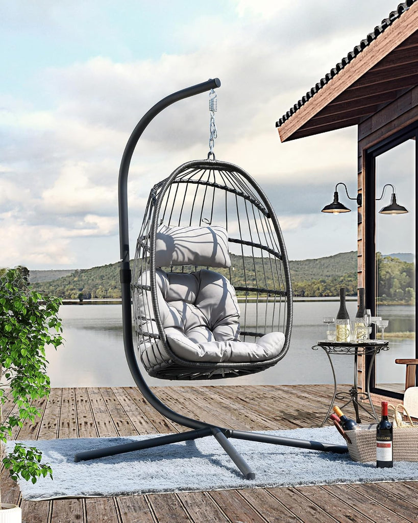 Egg Swing Chair with Stand, Outdoor Hanging Egg Chair with Cushion /Porch/Balcony/Indoor (Light Gray)