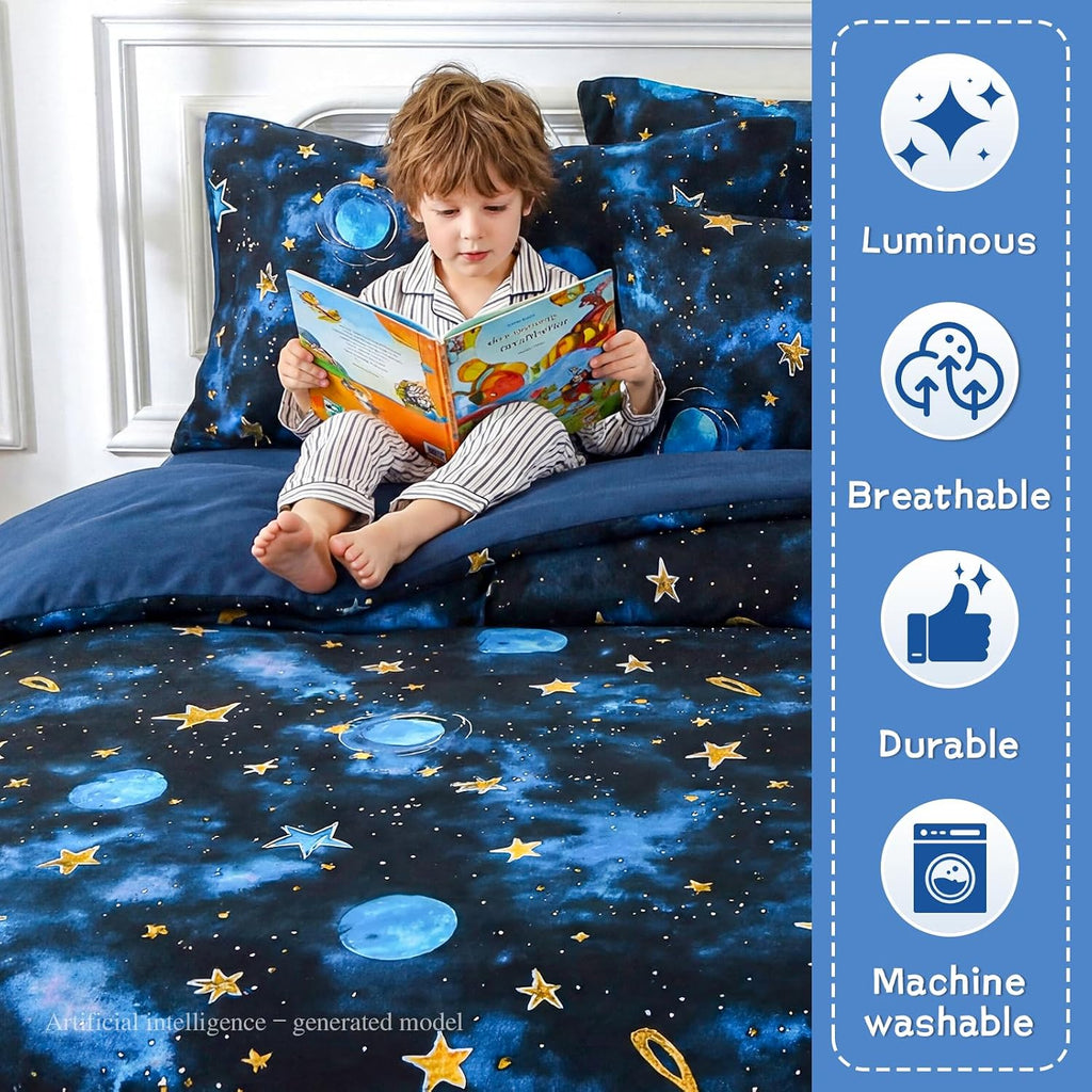 Kids Comforter Sets Full for Boys, Glow in The Dark Blue Starry Sky Space Bedding Set 4 Pieces - Boy Soft Bed Set