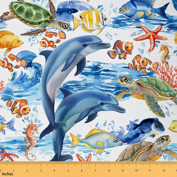 Animals Sea Turtles Fish Starfish Outdoor Fabric by The Yard, Watercolor Dolphin Fabric by The Yard for Craft