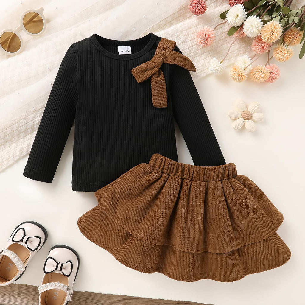 Toddler Girl Outfits Fall Winter Knit Bow Tops Cute Skirt Set
