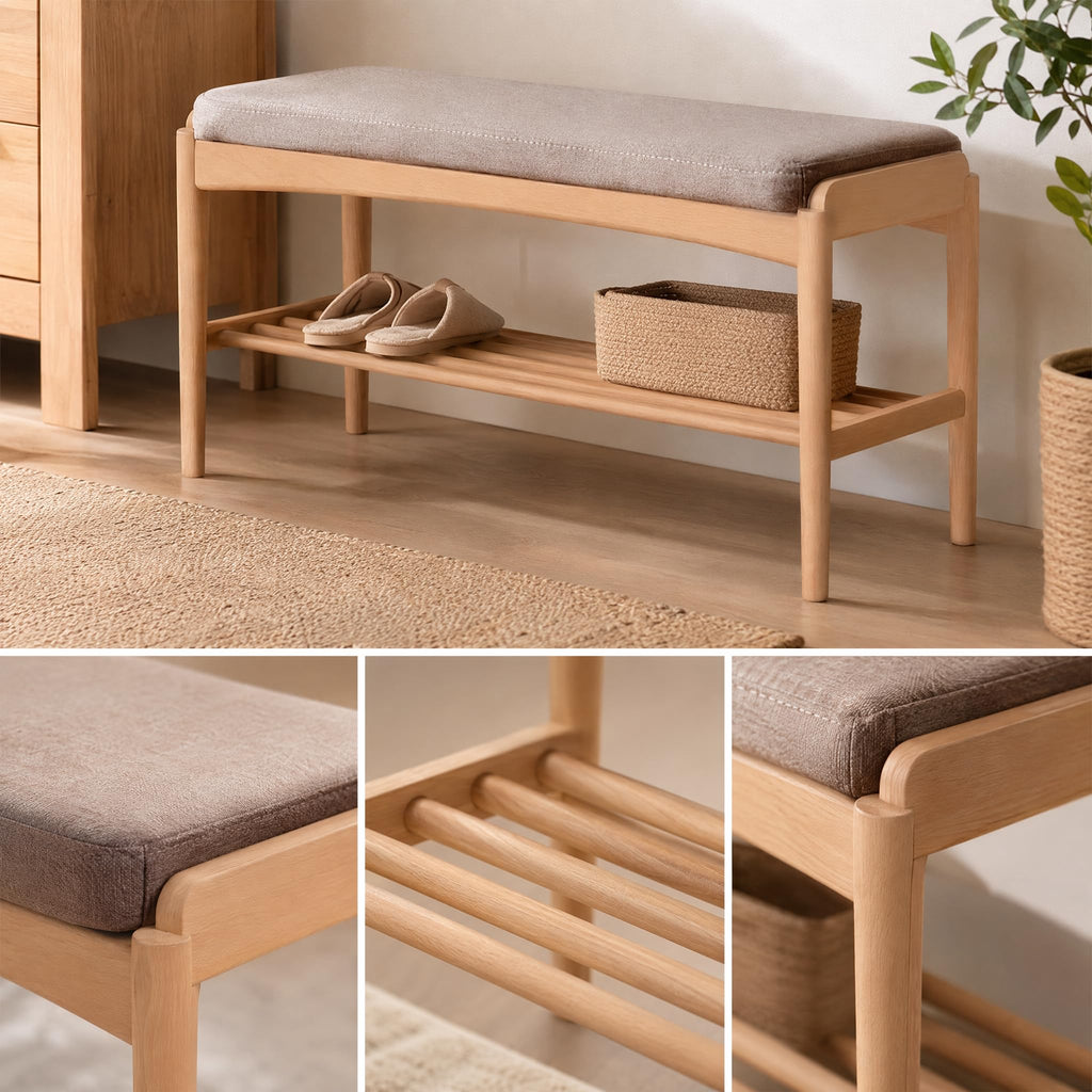 Oak Wood Shoe Bench, 40 Inch Entryway Bench with Gray Cushion