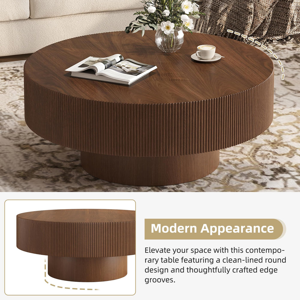31.5" Round Fluted Coffee Table, Modern Wood Circle Drum Center Table, Accent Side Table with Sturdy Pedestal, Walnut