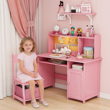 Wooden Kids Study Desk and Chair Set with Hutch and Storage Ages 3-10, Pink