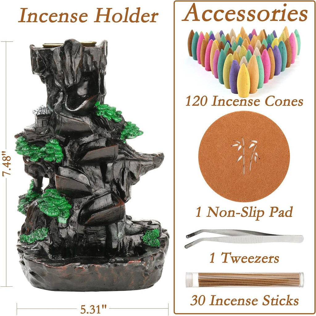 Mountain Incense Burner, Backflow Incense Holder with Cones and Sticks - Set of 5