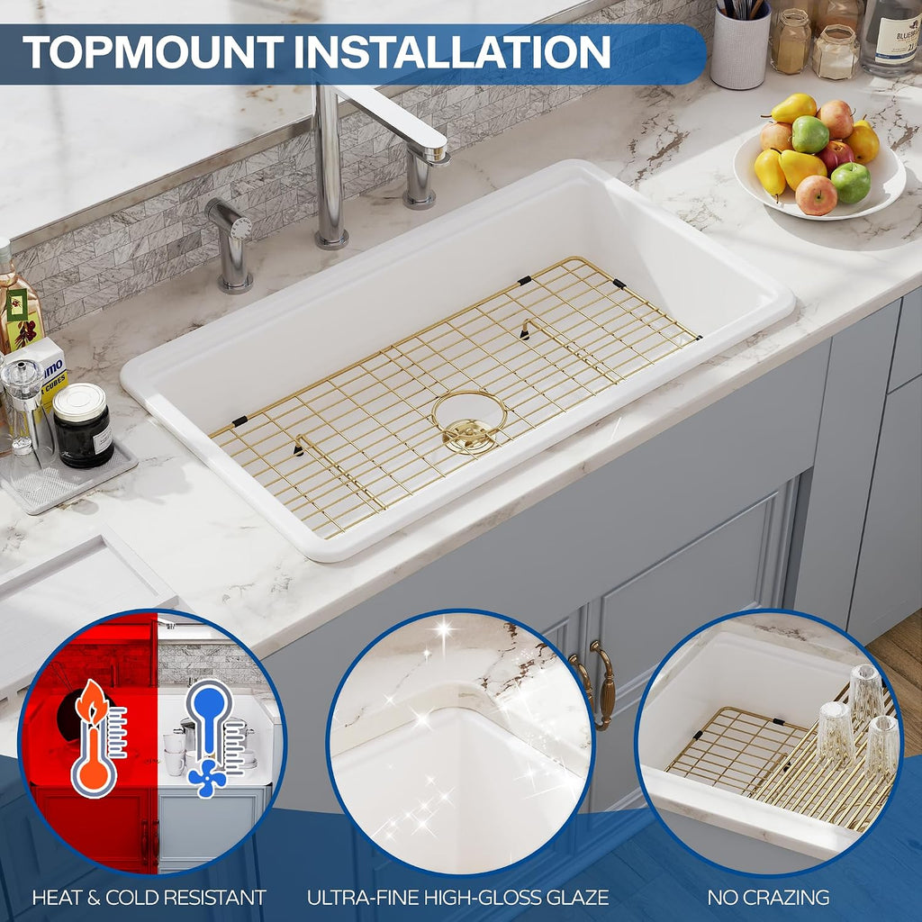 33 White Undermount Kitchen Sink Workstation, Topmount & Undermount Kitchen Sink 33x19 inch White Porcelain Ceramic