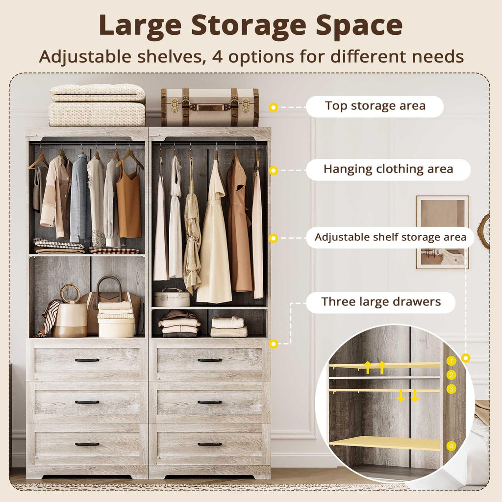 Freestanding Closet System with Adjustable Shelves & 3 Drawers