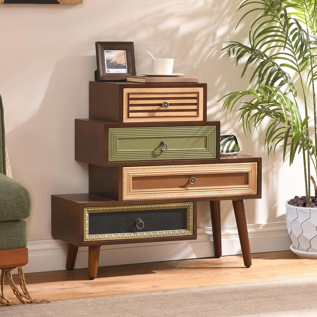 Vintage Accent Chest with 4 Drawers, Asymmetrical Stacked Design, Multicolored Hand-Carved Decorative Rustic Cabinet