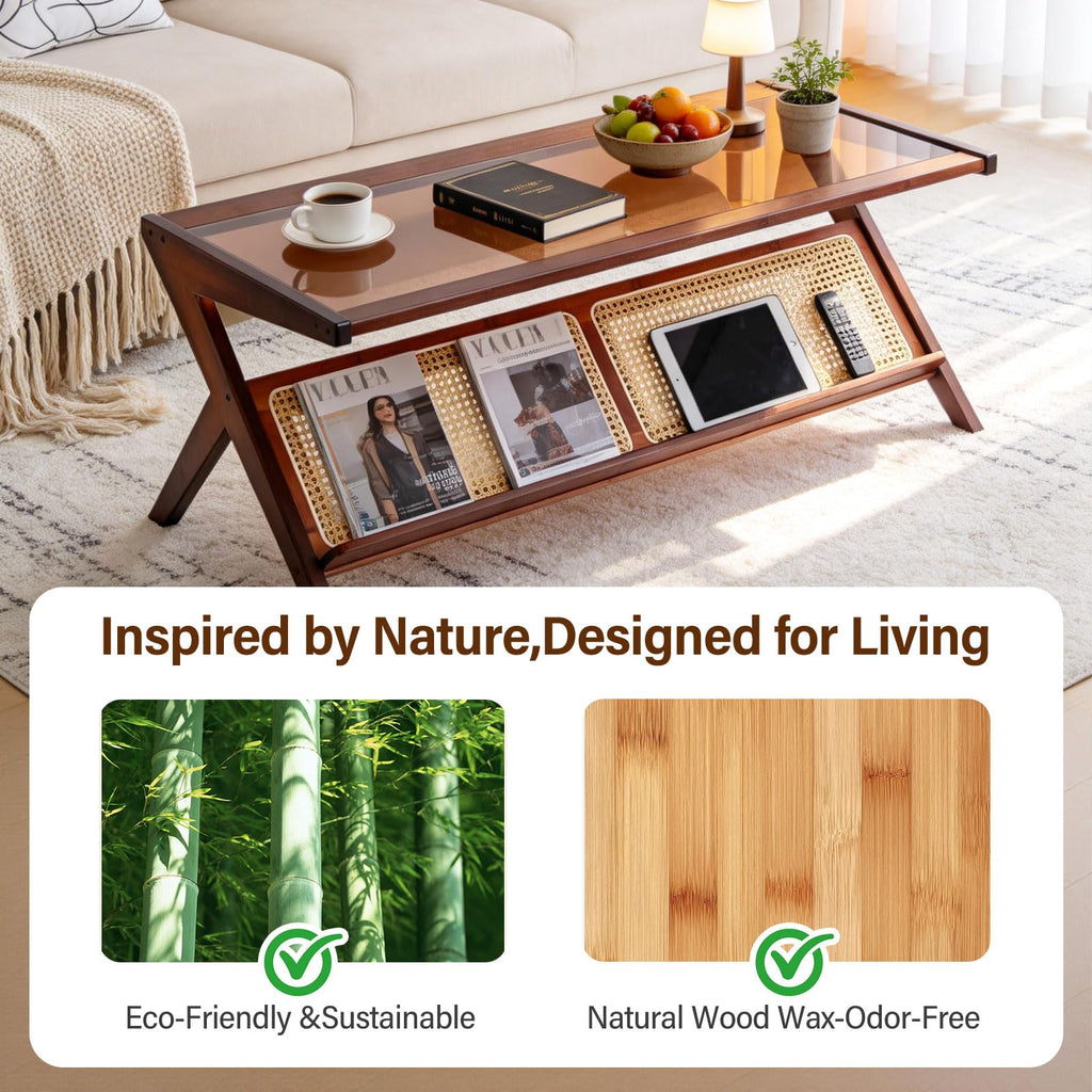 Brown Rattan Coffee Table, Bamboo Glass Top Table with Storage