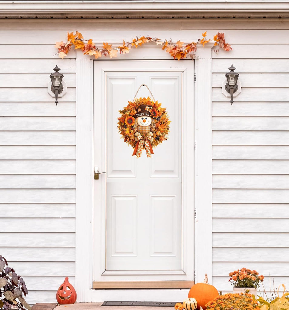 Fall Decorations Wooden Fall Decor Scarecrow Door Wreath for Front Door Farmhouse Scarecrow Maple Leaf Welcome Sign