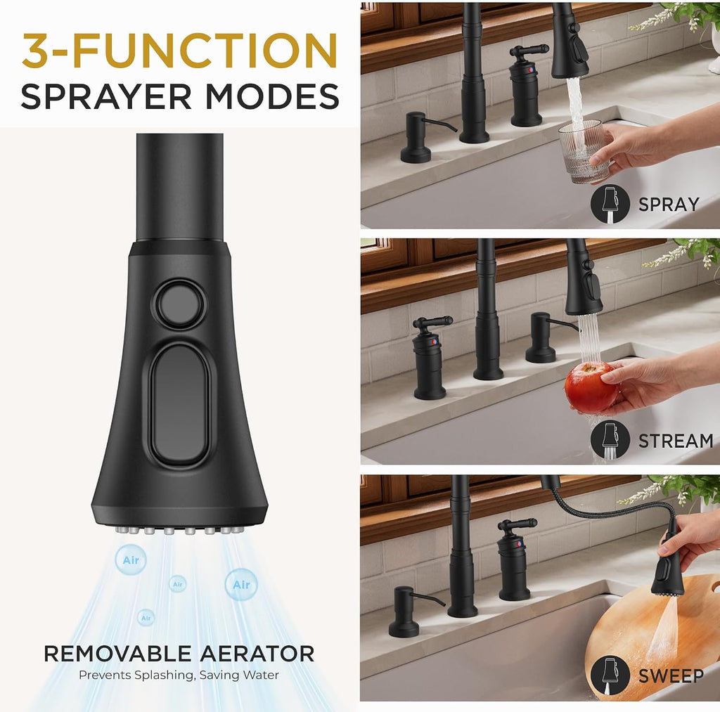 3 Hole Kitchen Faucet with Soap Dispenser, Matte Black | Stainless Steel Single Handle Rusitc Kitchen Sink Faucet