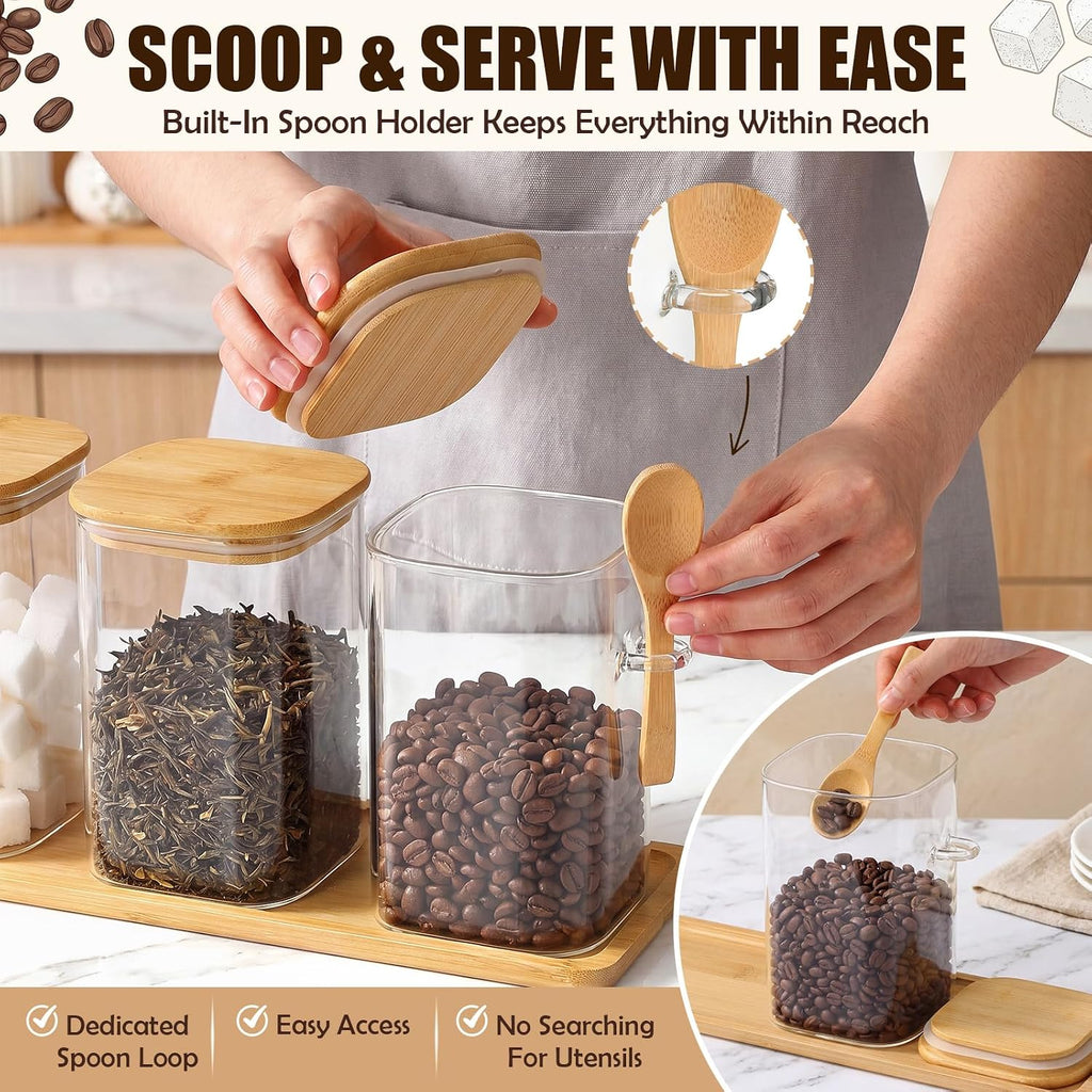 Glass Coffee Container with Wooden Lid and Spoon, Clear Airtight Square Canister Set with Wooden Tray Sticker - Set of 3
