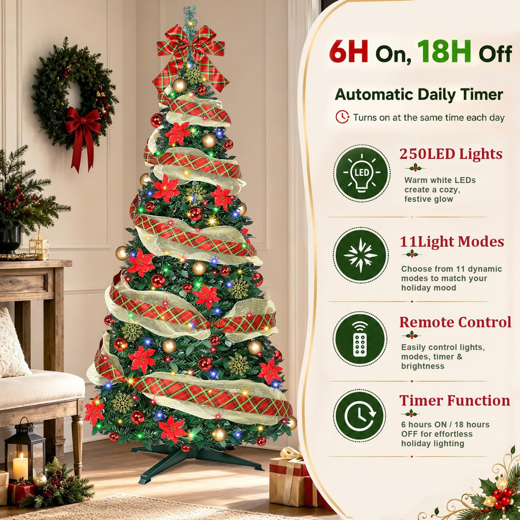 6 Ft Pop up, Collapsible with Lights 200 LED Pre-Lit Christmas Trees Plug-in with Remote Timer 11 Lighting Modes for