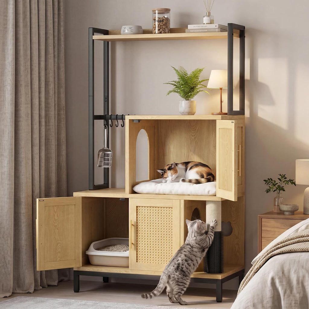 Cat Litter Box Enclosure with Cat Tree & Storage Shelf