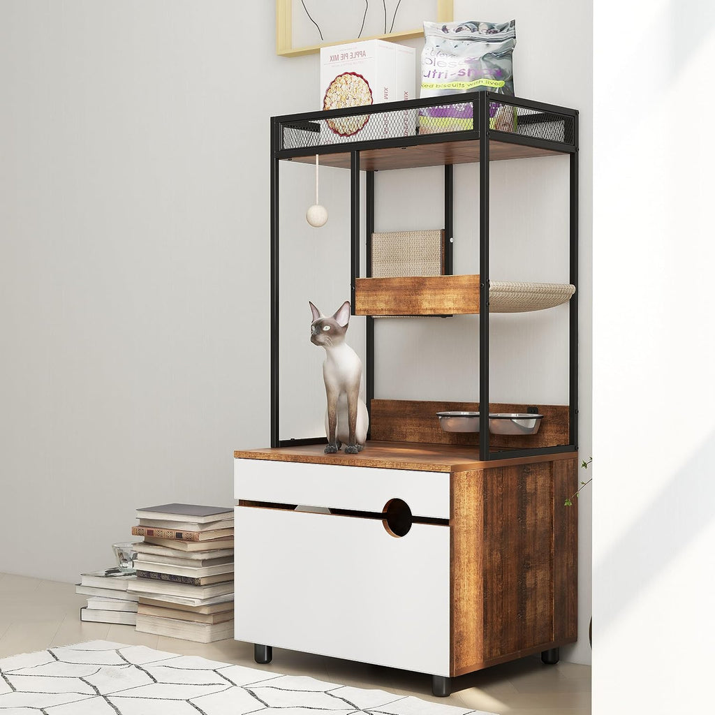 Cat Litter Box Enclosure Furniture with Cat Tree Tower, Kitty Litter Box Hidden Cabinet with Shelves Scratching Pad