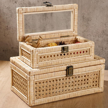 Boho Rattan Decorative Box with Glass Lid - Set of 2
