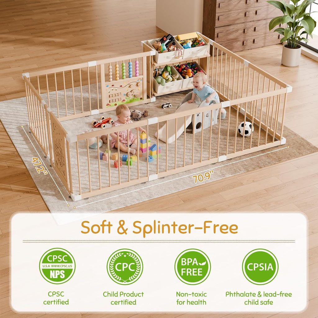 Large Wooden Baby Storage Playpen 9+3 Panels 70.86"×47.24" | Size Adjustable Play Yard for Babies and Toddlers, Baby