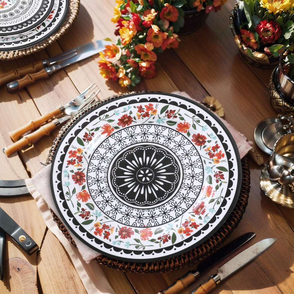 12-Piece Melamine Dinnerware Sets, Unbreakable Black white Plates and Bowls