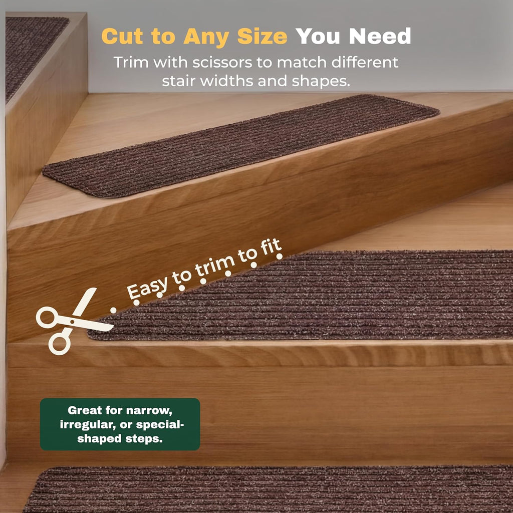 Carpet Stair Treads for Wooden Steps, 15 Pack, 8" x 30", Brown Stripe | Four-layer polyester carpet with PP grid