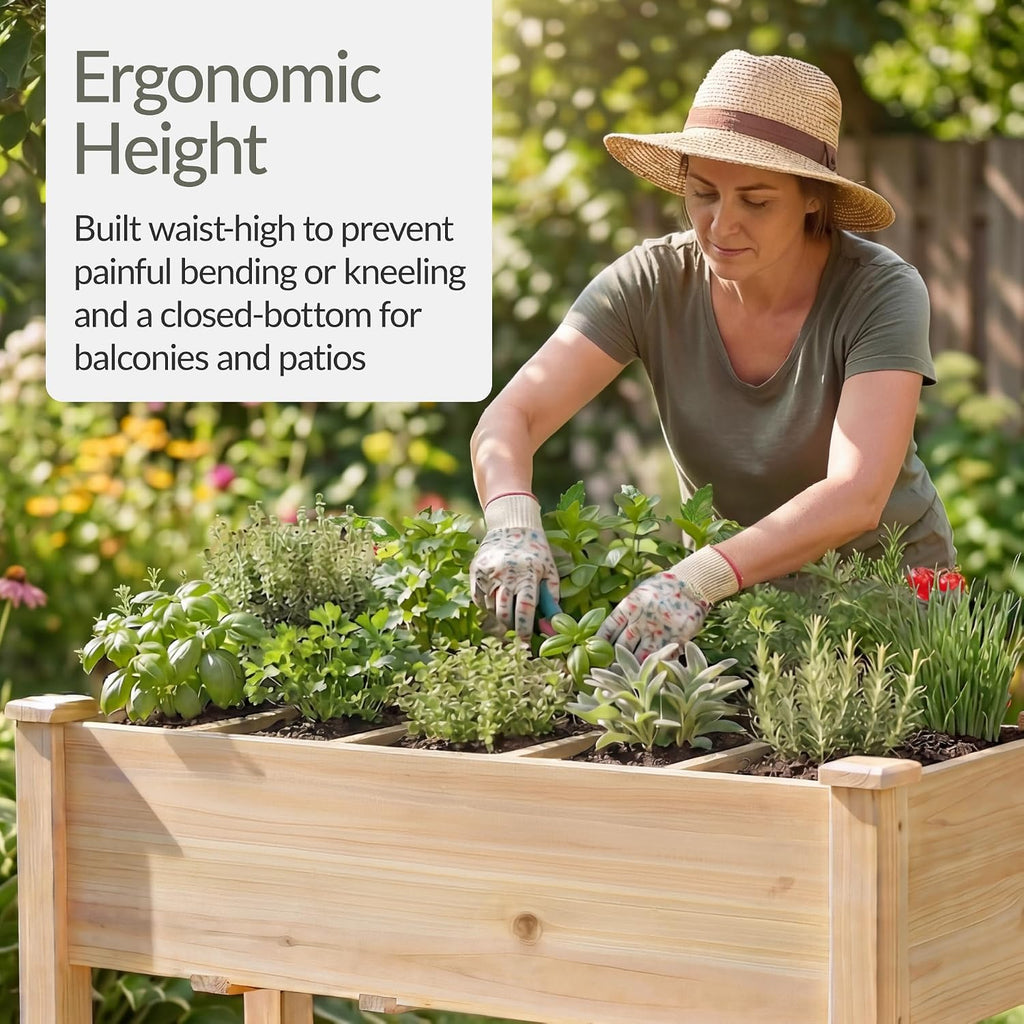 Raised Herb Garden Bed Planter Box - Elevated Wooden Planter with 10 Grid Growing Compartments, Drainage Holes