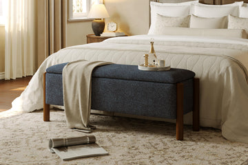 Modern Storage Benches with Walnut Wood Legs, 47'' Ottoman Bench with 20 Gallons Storage Space End of Bed, Fabric