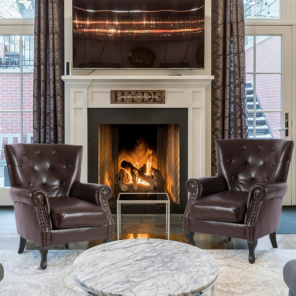 PU Leather Accent Chair, Mid-Century Modern Armchair Living Room Club Chair with Tufted Button & Rivet Trim