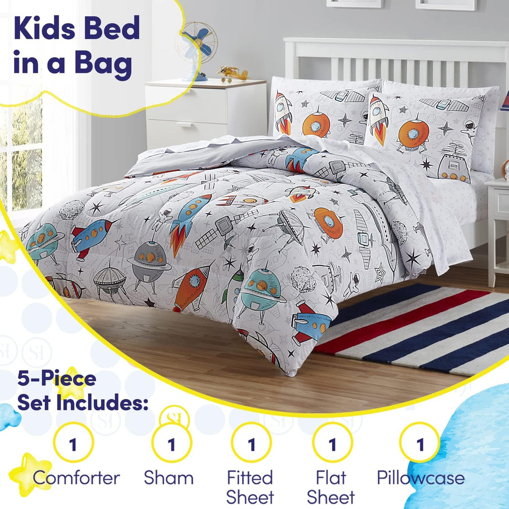 Kids Bedding Set Bed in a Bag for Boys and Girls Toddlers Printed Sheet Set and Comforter, Twin, Floating in Space