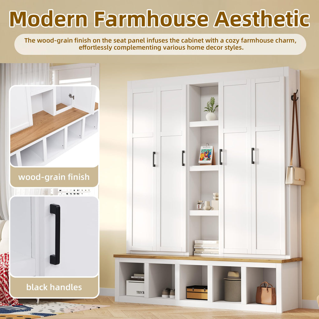 Modern Farmhouse Hall Tree with Bench, 4-in-1 Entryway Storage Cabinet & Shoe Organizer with Hooks, White