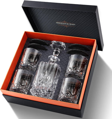 Ry Whiskey Decanter Gift Set - 25oz Crystal Decanter, 4 Old-Fashioned Glasses, 4 Slate Coasters with Diamond Pattern - Set of 9
