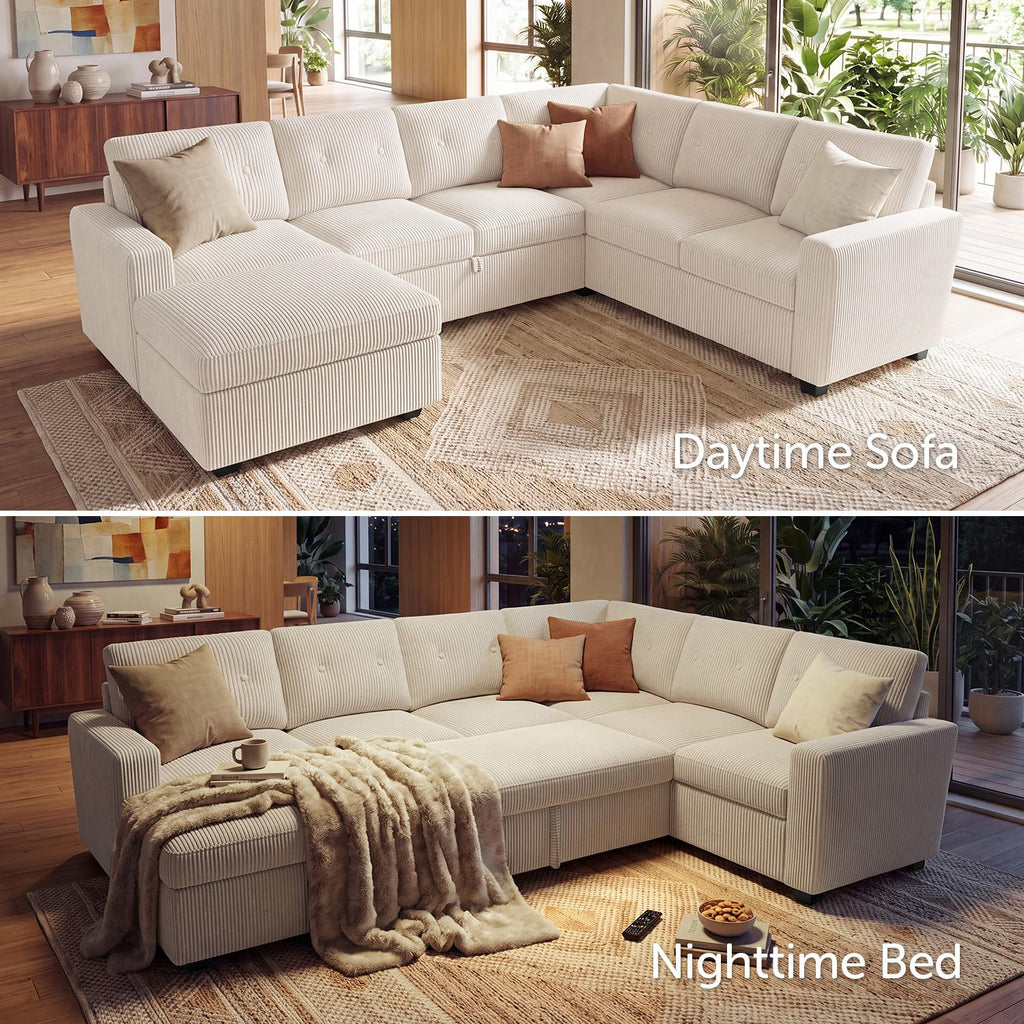 Corduroy Sectional Sleeper Sofa with Pull Out Bed, 7 Seaters 106 Inch U Shaped Setional Couch, Beige