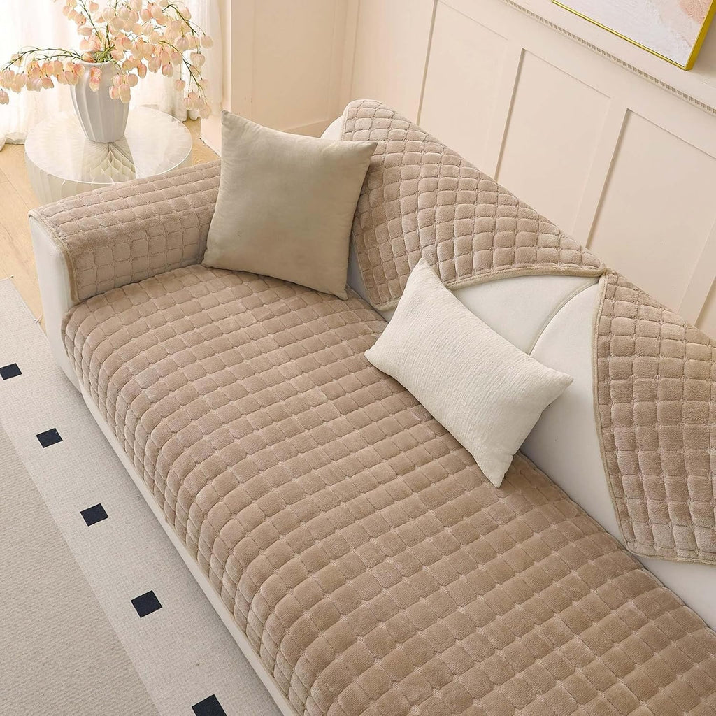 Plush Couch Cover for Dogs Washable, Non Slip Sofa Covers for Pets, Sectional Cushion Protector (28"x28", Khaki)