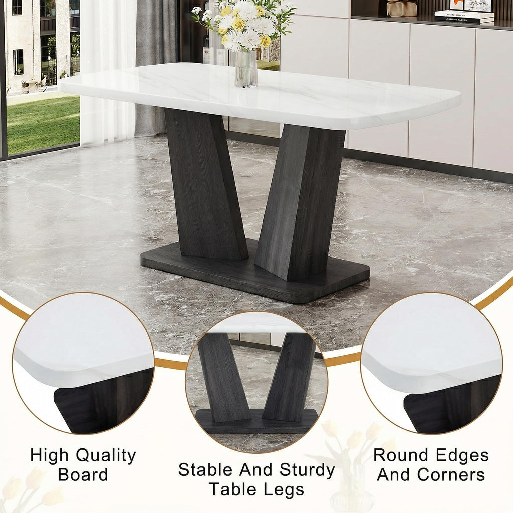 Modern Dining Table Set for 6 with Bench, 63" White Faux Marble Kitchen Table Chair Bench Set, 6 Piece Dining Table Set