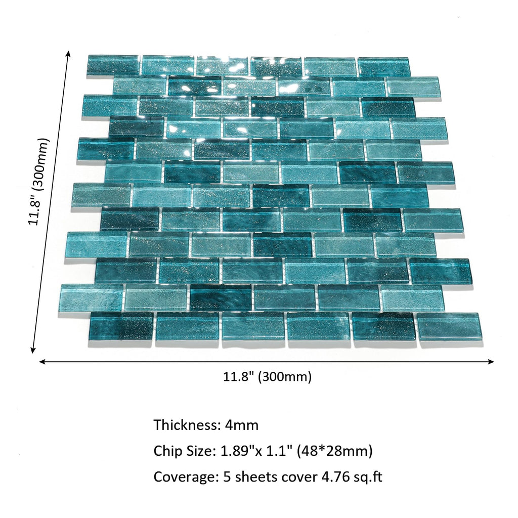 Glass Backsplash Mosaic Wall Tiles, 5-Sheet Linear Glass Tiles Bathroom Swimming Pool Shower Tiles (Turquoise, 4.8