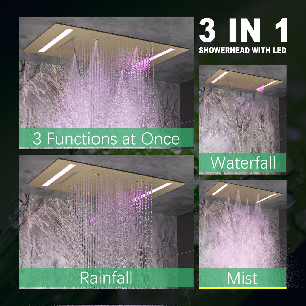 14x20" Luxury LED Shower Head with Lights, 3 Functions Rainfall Waterfall Mist, High-Pressure Ceiling Mount