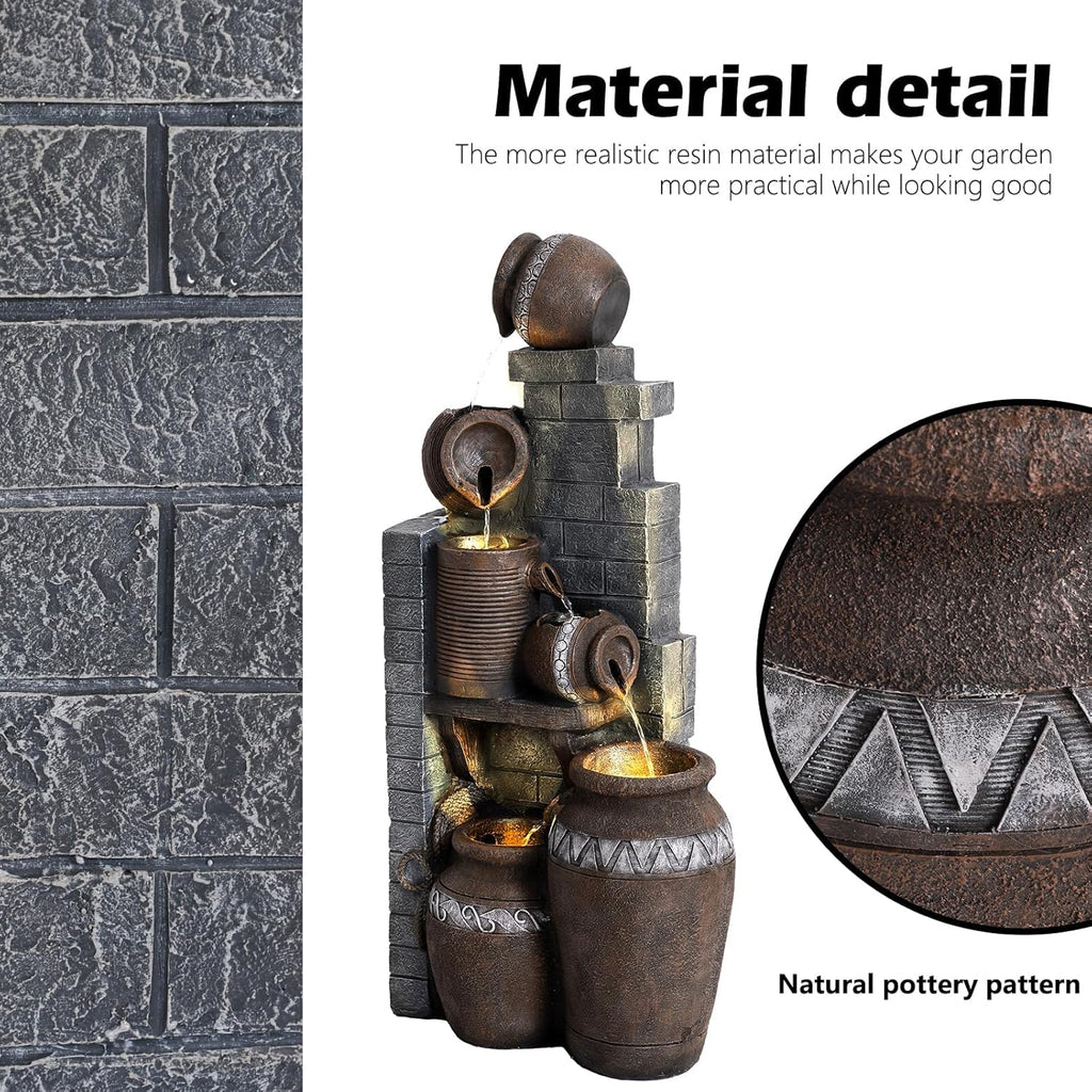 6-Tiers Outdoor Indoor Fountains Modern Resin Floor-Standing Cascading Water Feature Fountain with LED Lights