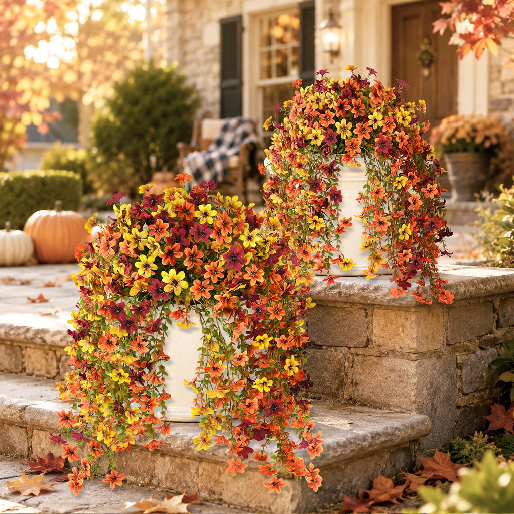 Fall Flowers Fake Mums UV Hanging Plants for Outdoors Decor