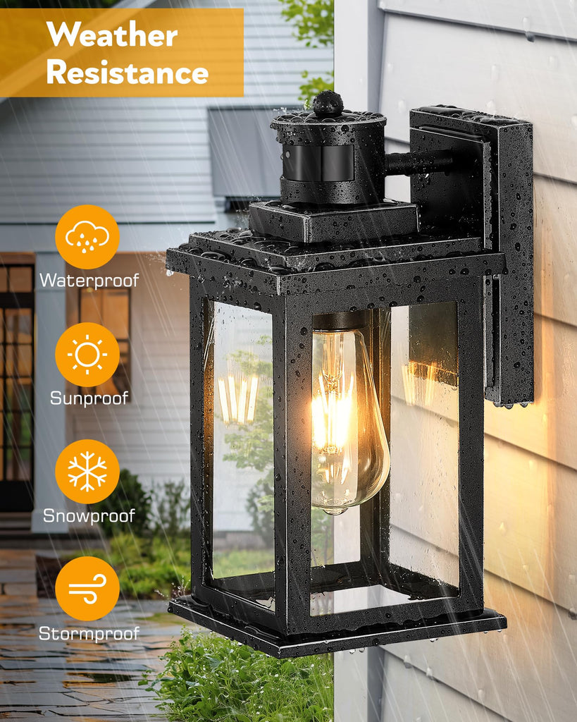 Motion Sensor Outdoor Light, 2 Packs Exterior Lights, Black Waterproof Dusk to Dawn Outside Porch Lights Lantern for