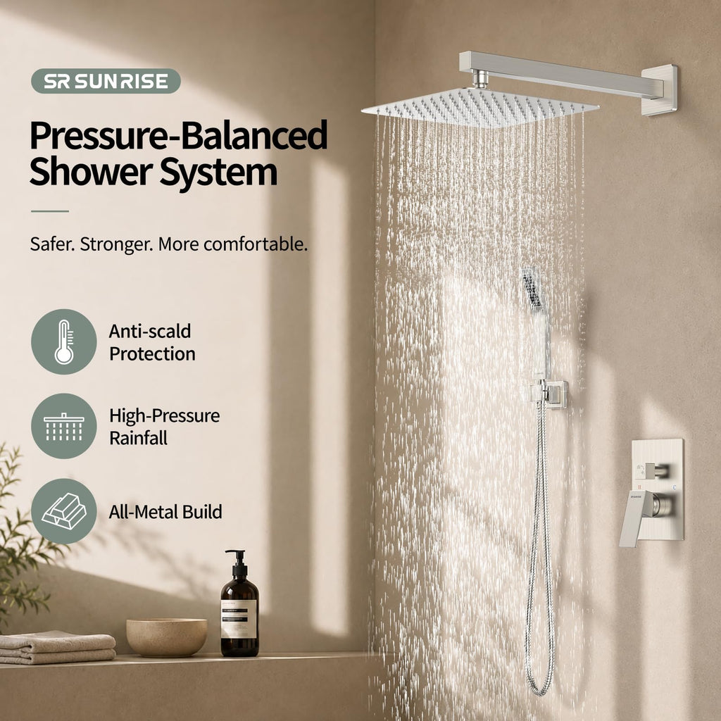 Shower Faucet Set 10-Inch Rainfall Shower Head Brushed Nickel