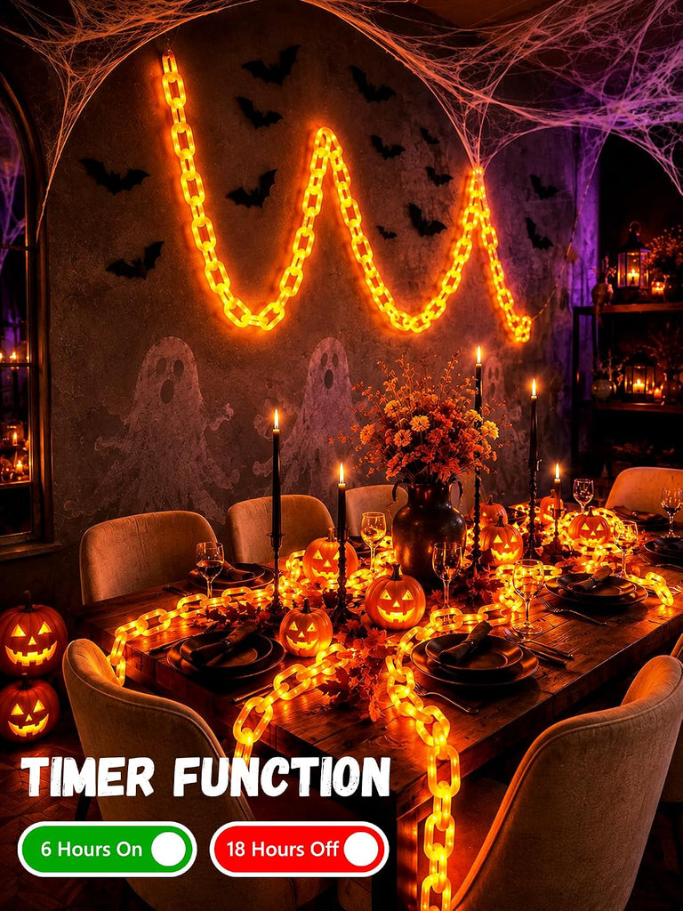 Battery Halloween Chain Lights, 10 FT 160 LED Orange Light-Up Plastic Timer