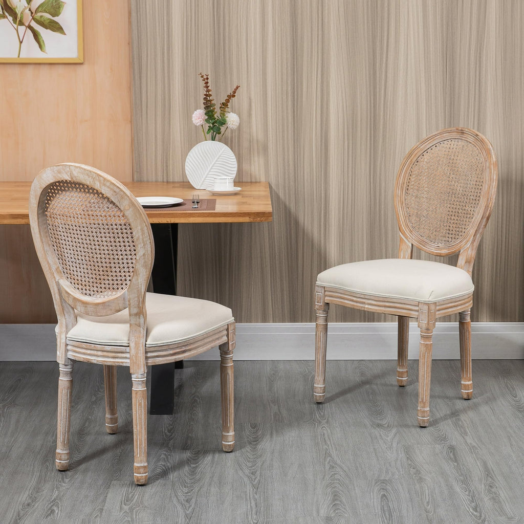French-Style Upholstered Dining Chair Set, Armless Accent Side Chairs with Rattan Backrest and Linen-Touch
