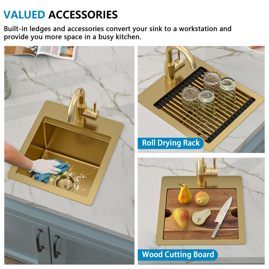 13"x15" Gold Bar Prep Sink Drop In Top Mount Workstation