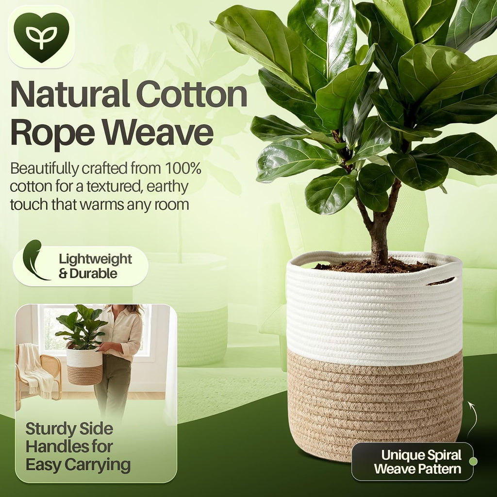 Plant Basket (2 Pack) Modern Urban Boho Rattan Cotton Rope Basket Indoor Planter Holder (Up to 10 Inch Flower Pot)