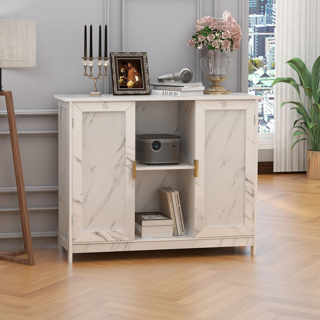 Marble Top Narrow Sideboard Cabinet, White Marble Side Buffet Cabinet