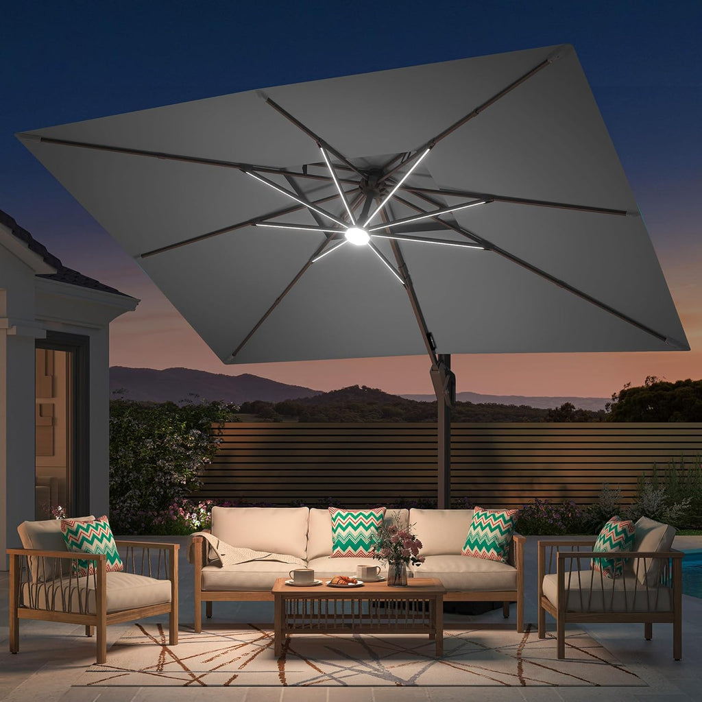 10' X 13' Patio Umbrella with Weighted Base and LED Lights Outdoor Cantilever Large Rectangle Offset Umbrellas Heavy