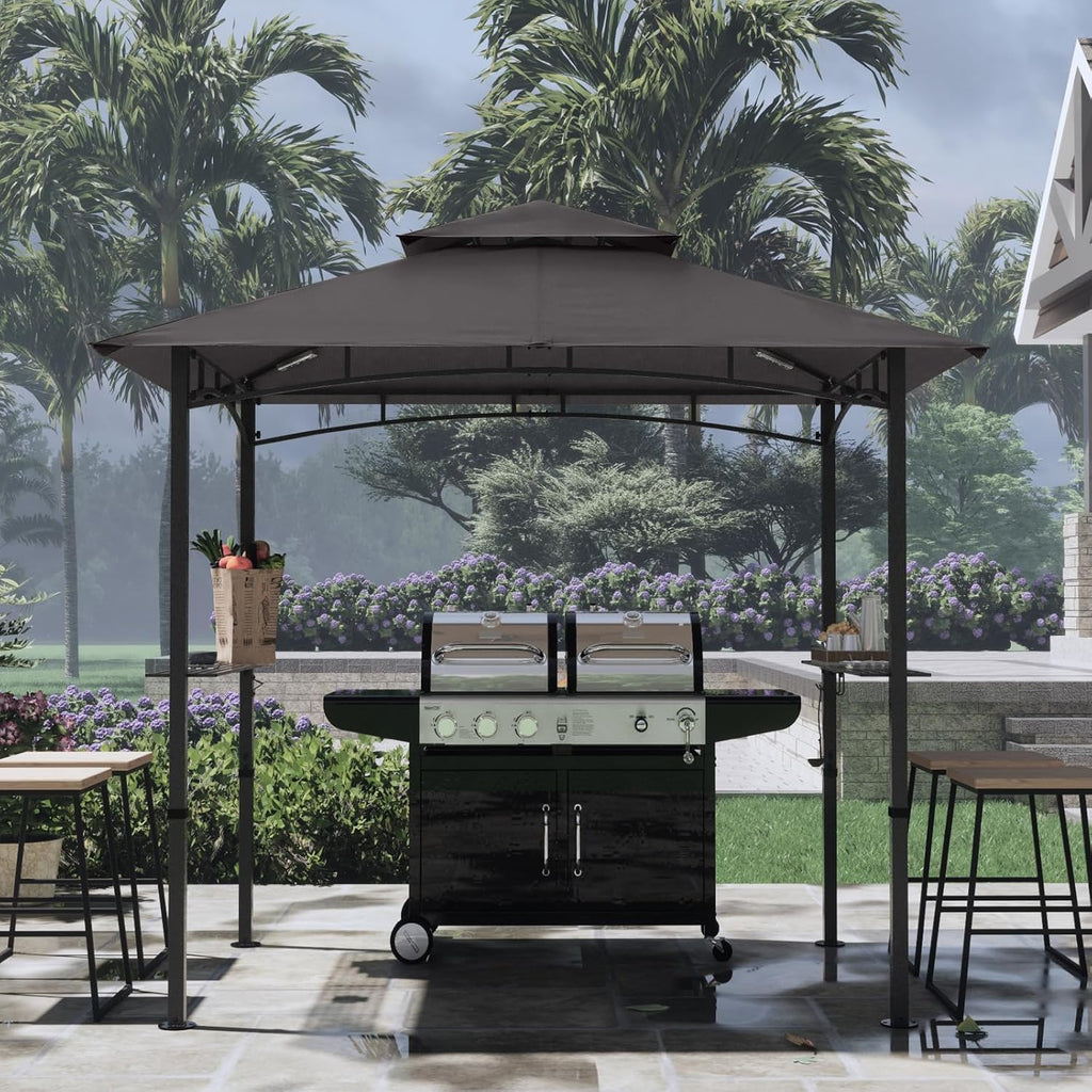8'x 5' Grill Gazebo Double Tiered Outdoor BBQ Gazebo Canopy with LED Light (Gray)
