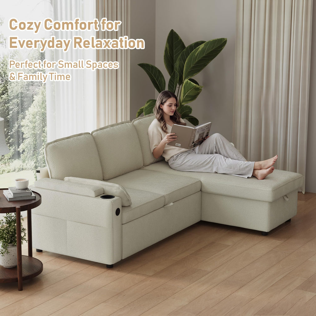 80" Sofa Bed Pull Out L Shaped Couch with Storage Chaise, Beige White
